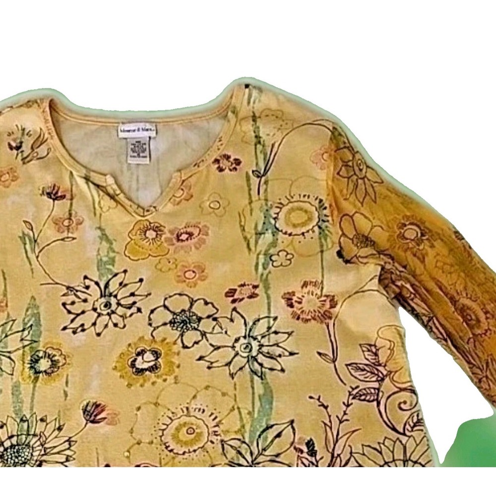 Monroe & Main Women's 1X Yellow Floral 100% Cotton Tunic Top Boho Sheer Sleeves